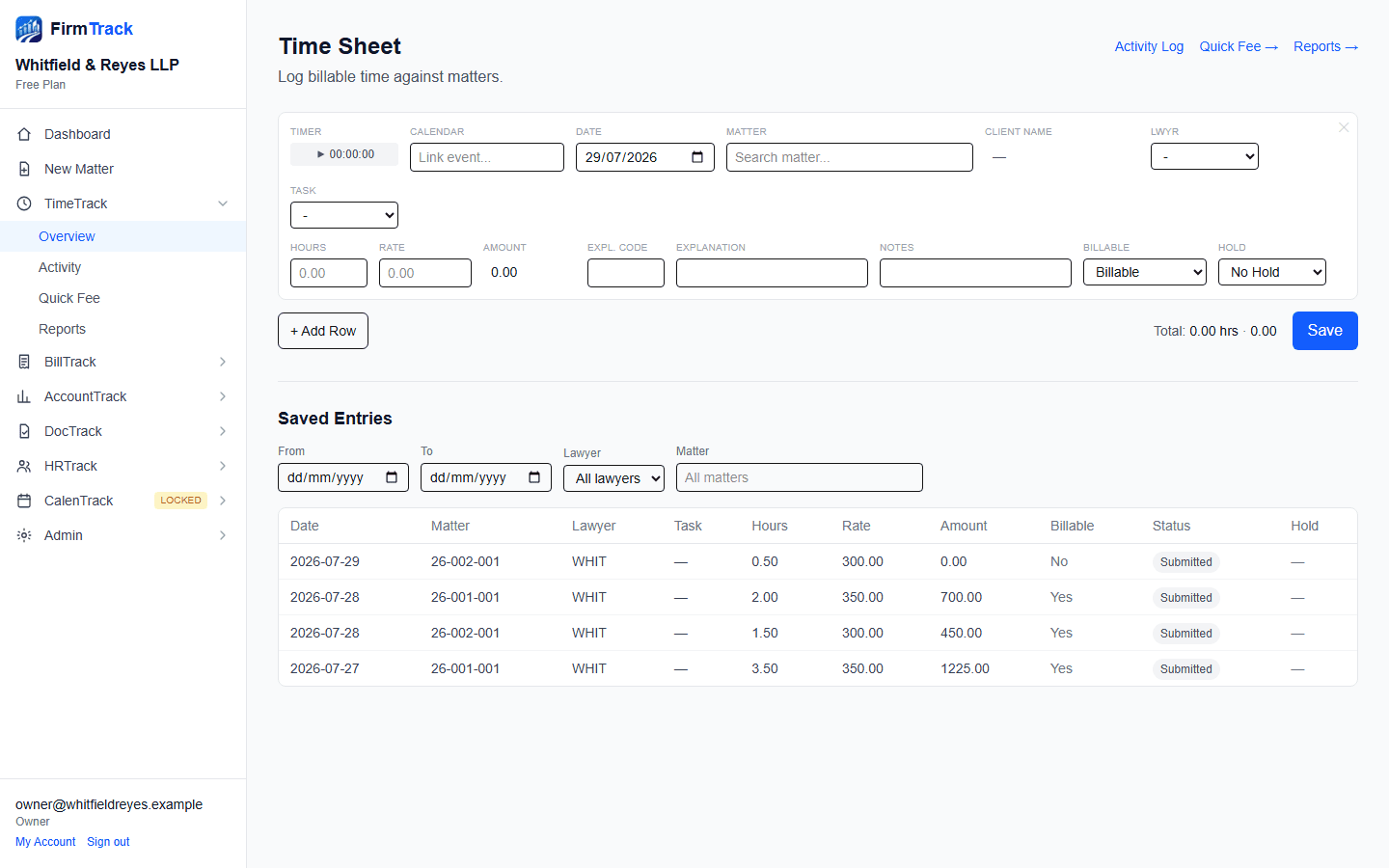 FirmTrack TimeTrack overview on desktop